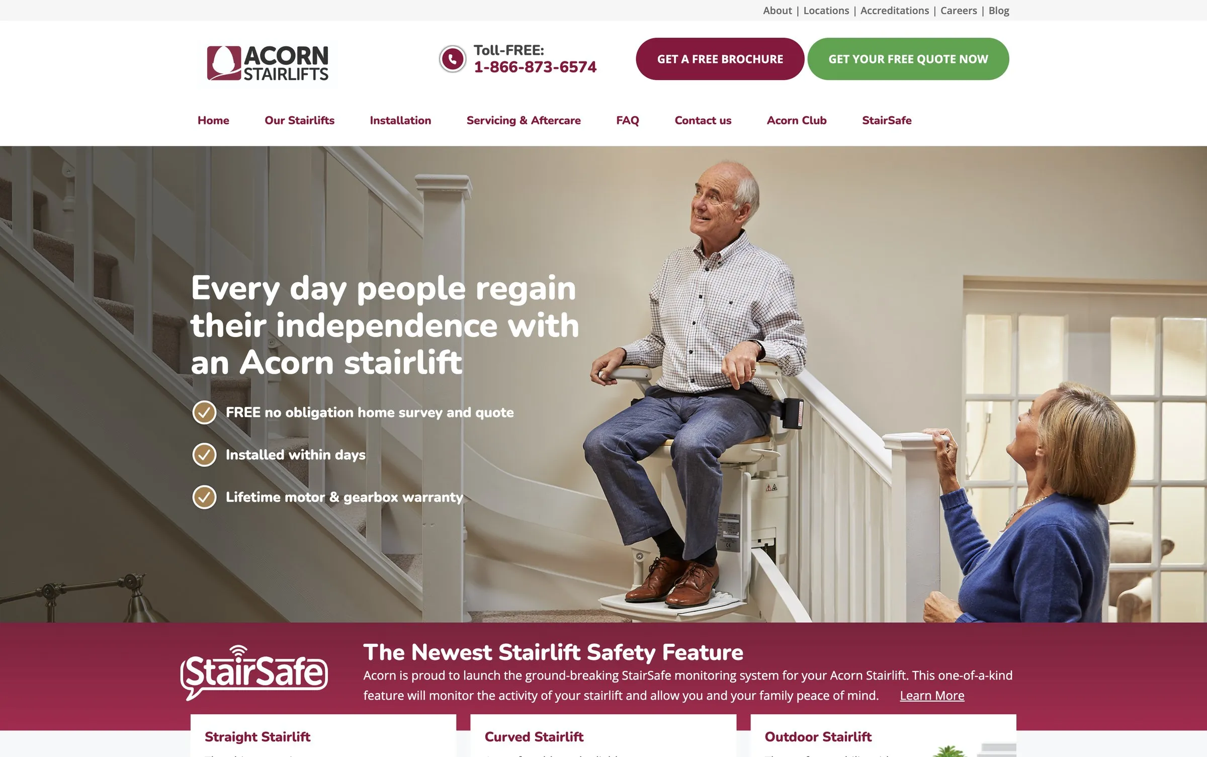 Acorn Stairlifts legacy homepage with a crowded header, two competing calls to action and a dense navigation bar