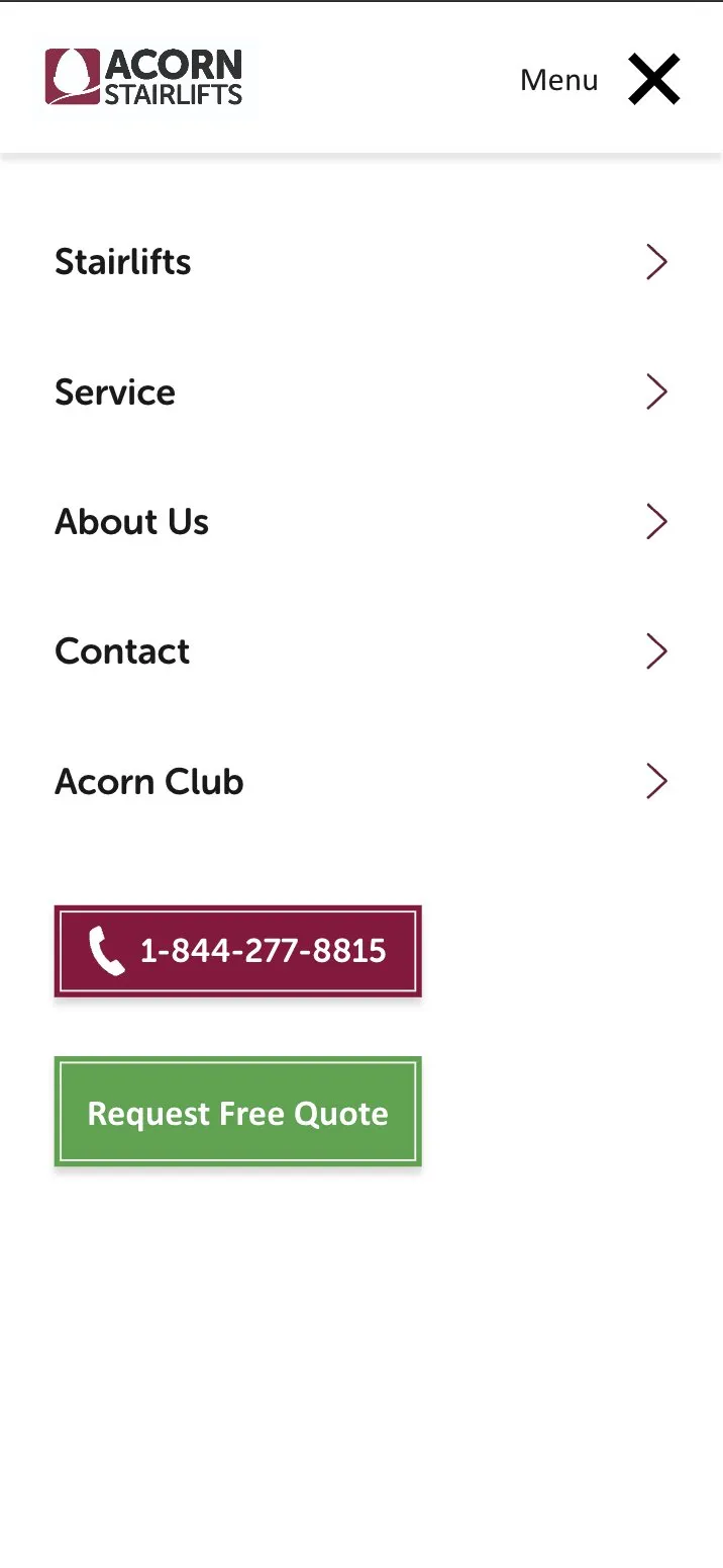 Redesigned Acorn mobile menu with five clear sections, a call button and a quote button