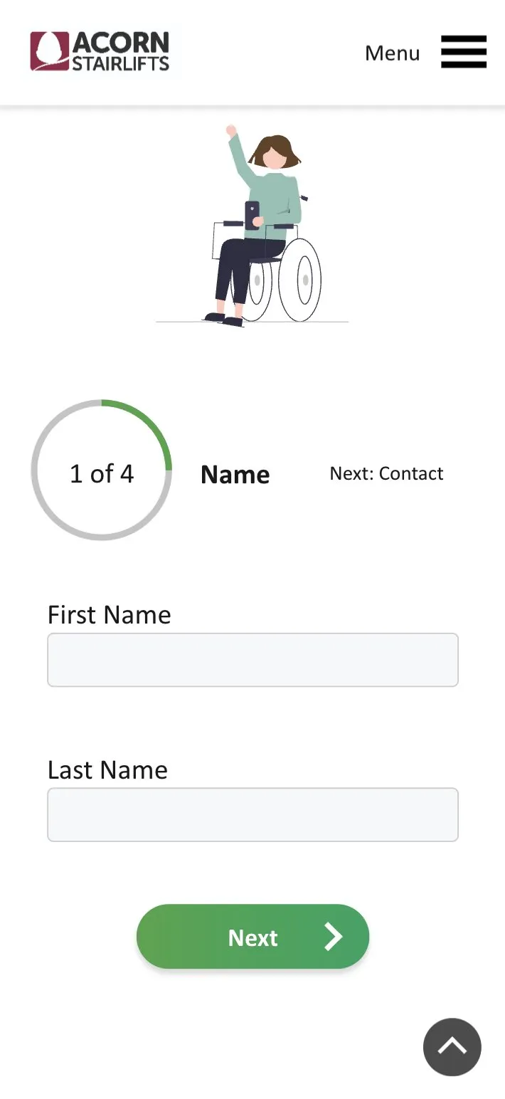 Step one of four in the Acorn mobile quote form, asking for first and last name