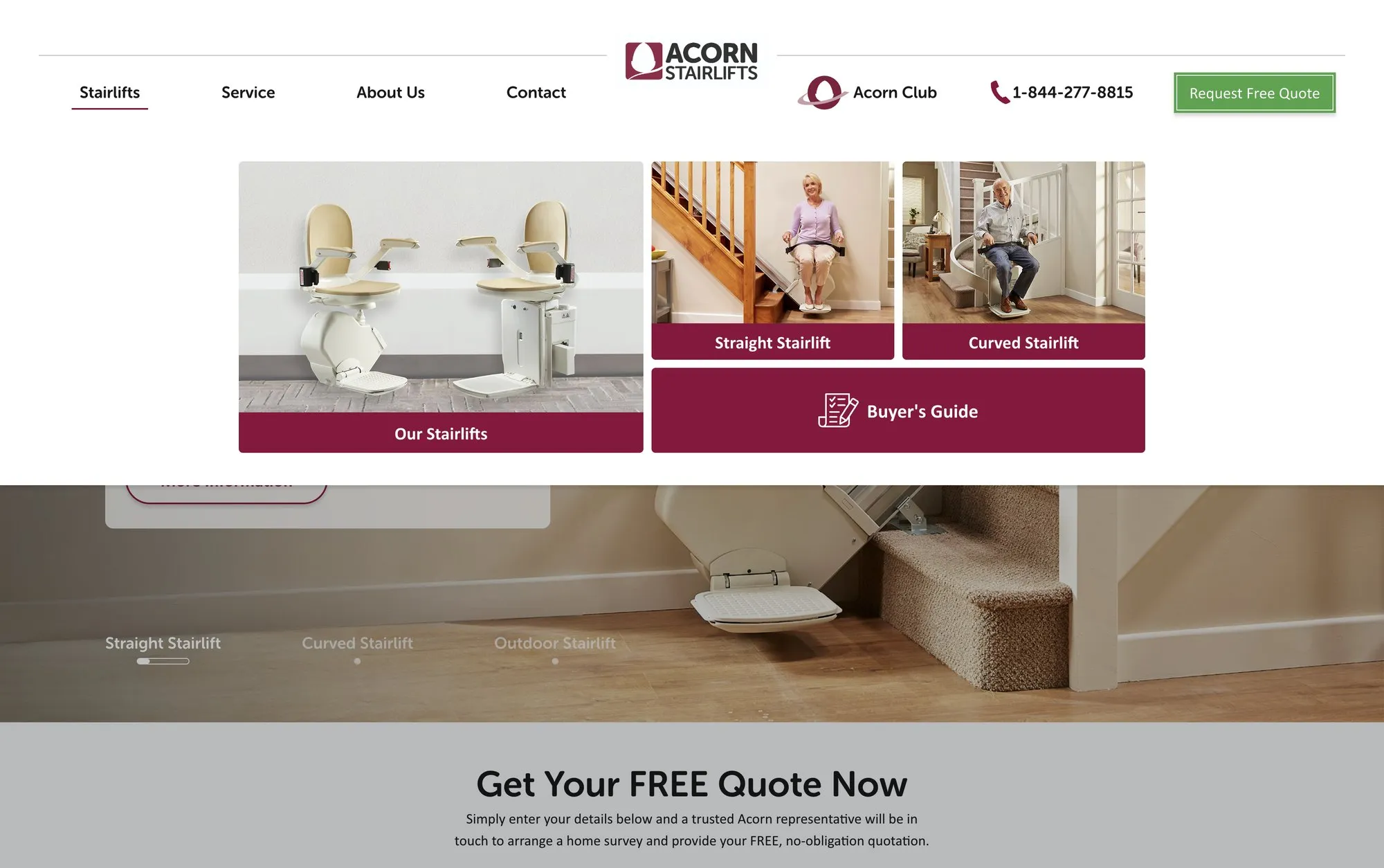 Redesigned Acorn stairlifts mega menu with product photos and a buyer’s guide link