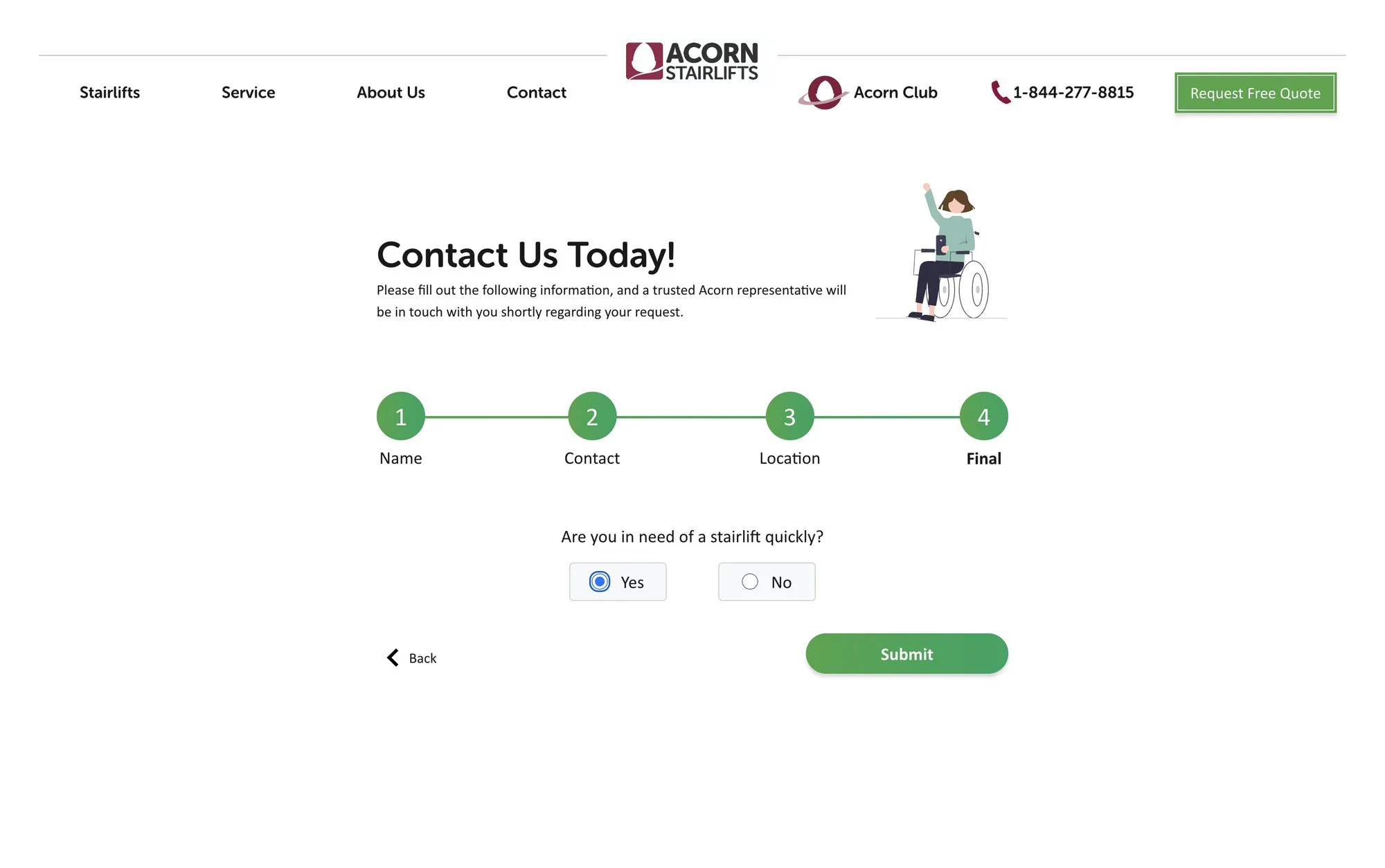 Final step of the Acorn desktop quote form with a four-step progress bar