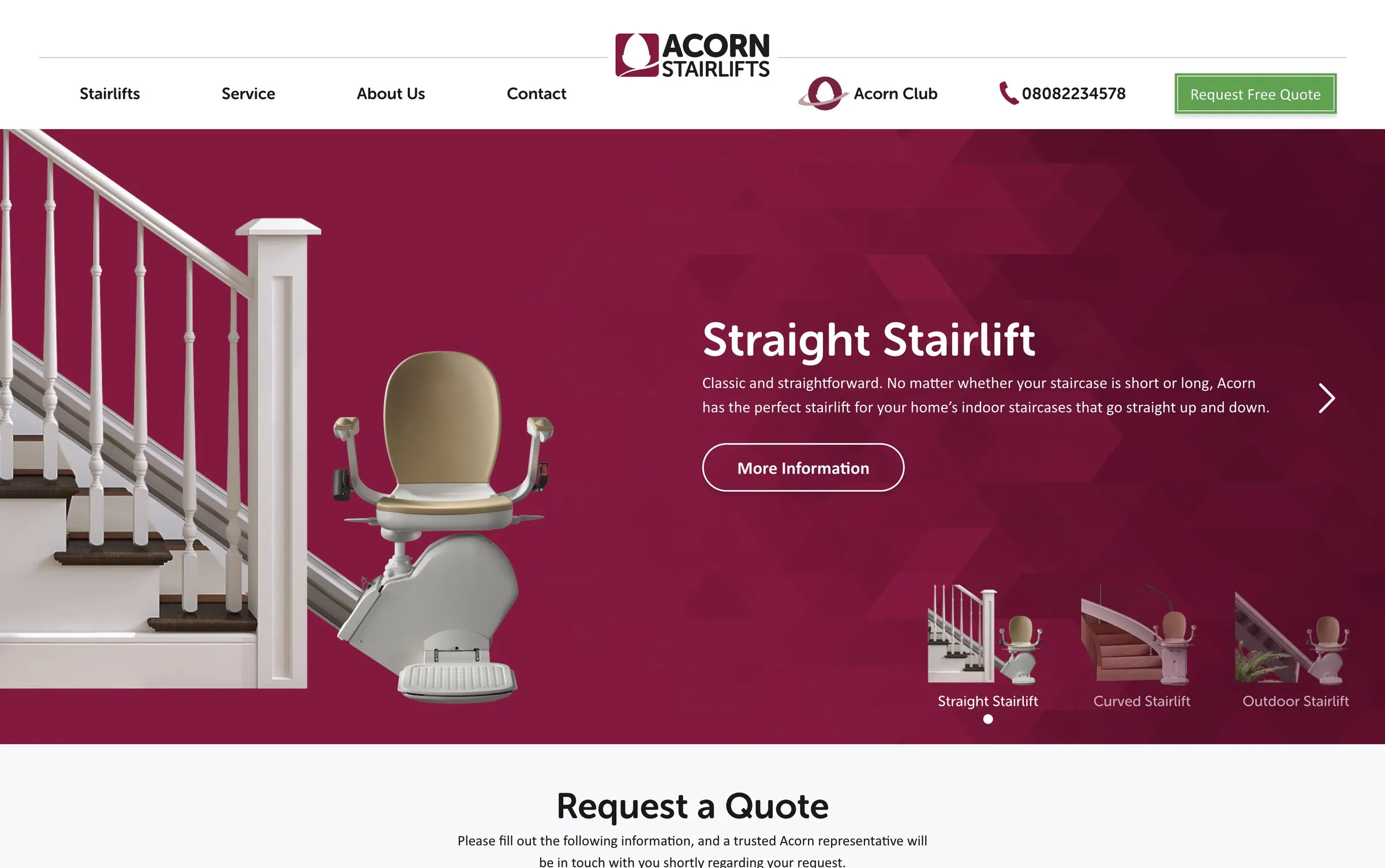 Redesigned Acorn Stairlifts UK homepage with a simple header, one quote button and a focused product hero