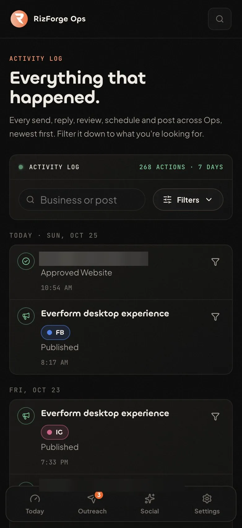 RizForge Ops activity log on a phone listing approvals and published posts by day