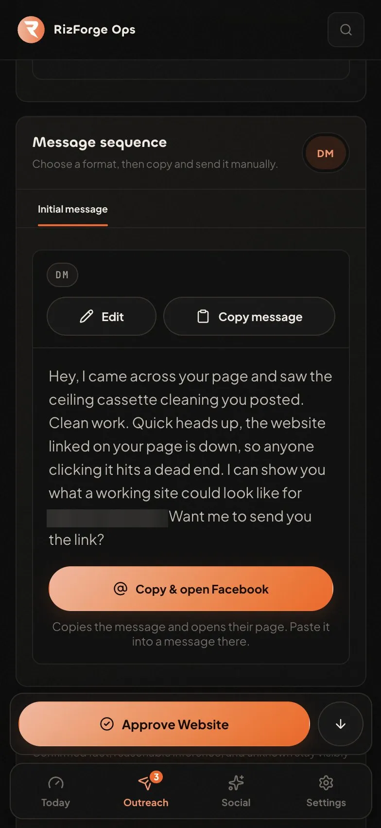 RizForge Ops on a phone showing a drafted outreach message with Edit, Copy message and Copy and open Facebook buttons
