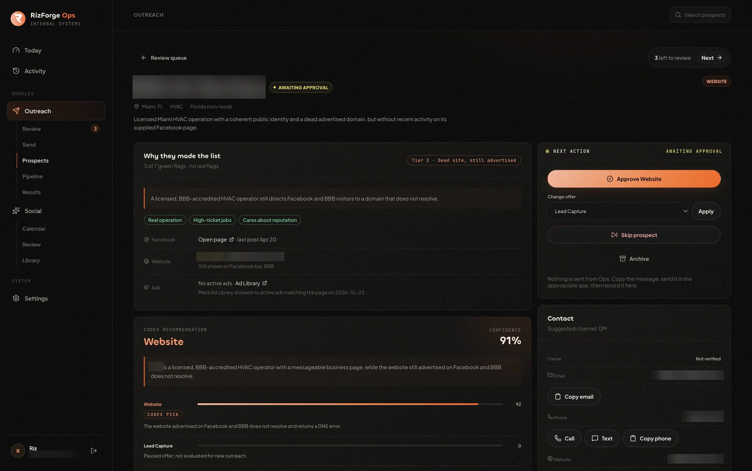 RizForge Ops prospect review screen explaining why a business made the list, Codex’s recommendation and confidence, and the next action