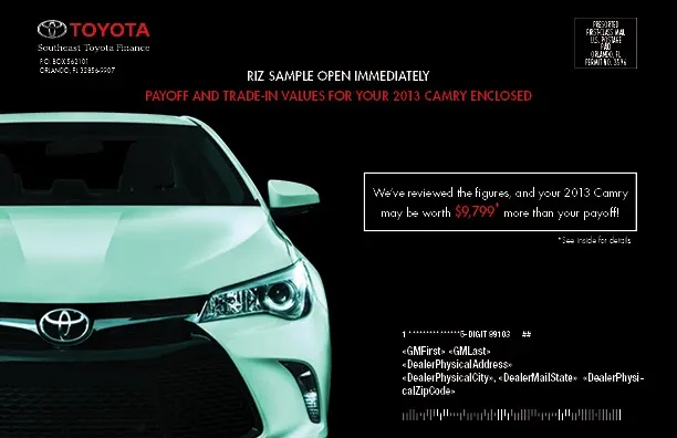 Toyota promotional mailer outer envelope